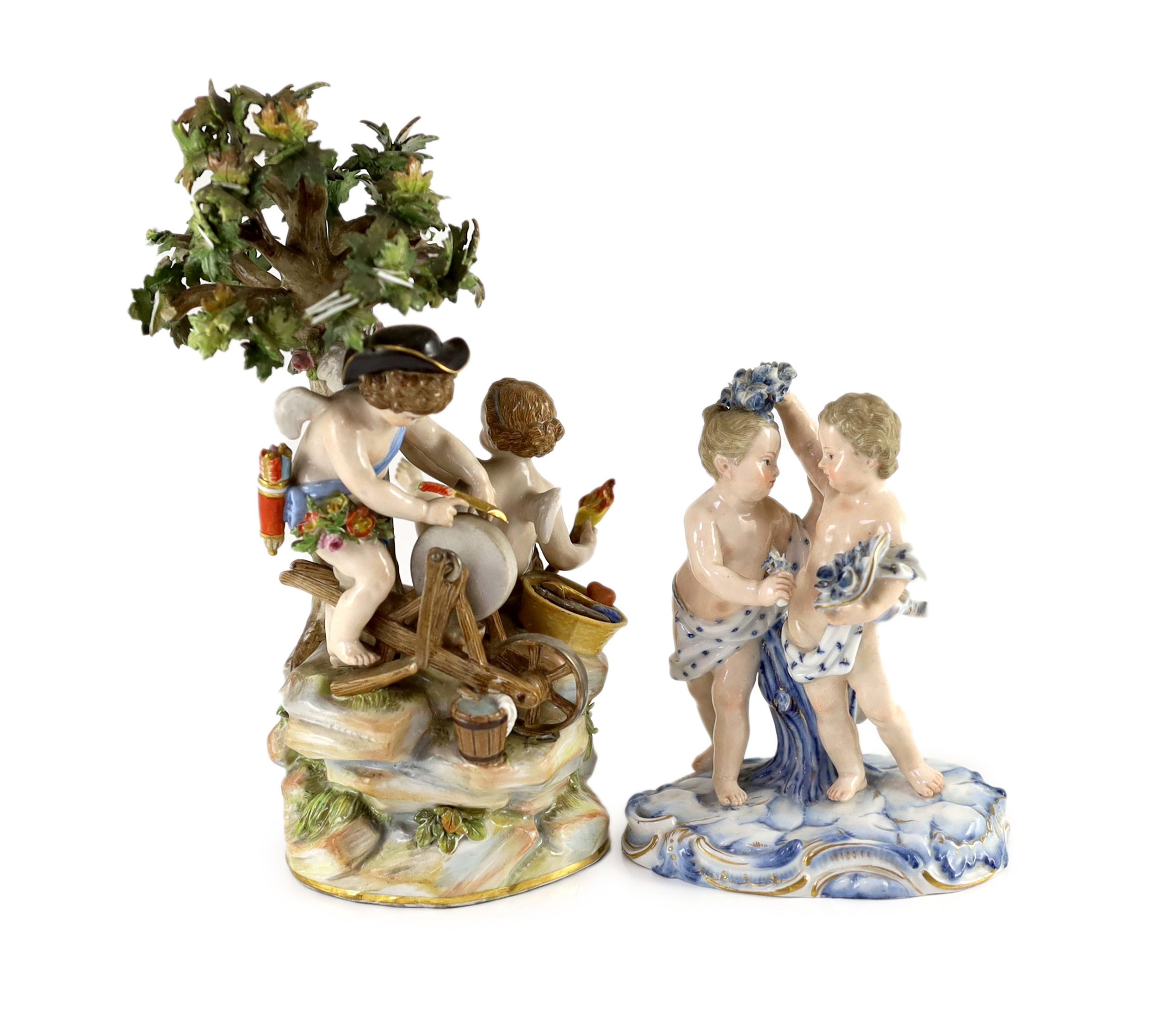 A Meissen group of Cupid forging arrows and a similar group of two cherubs, late 19th century, 20 cm and 13cm high
